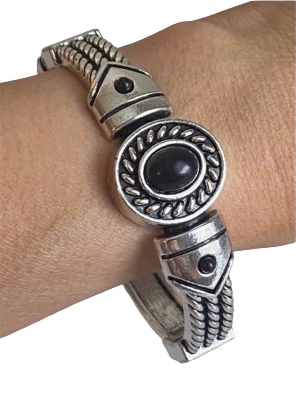 Vintage Sterling-Style Black Stone Silver Bracelet